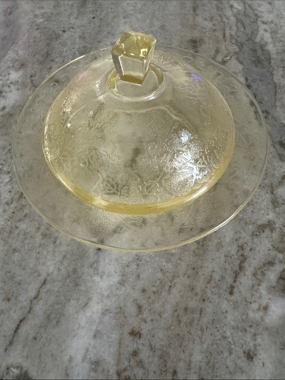 Pale Yellow Glass Covered Serving Dish with Etched Motif